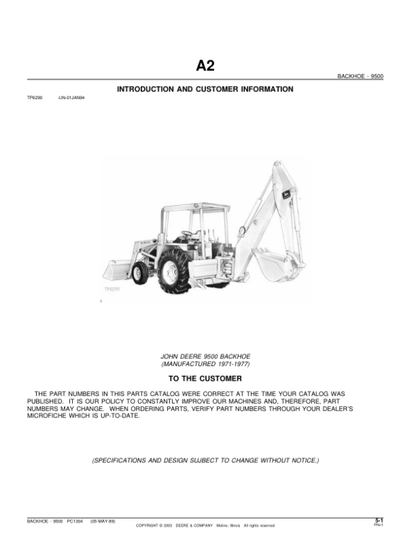 John Deere 9500 Attachments (SN 9500 BACKHOE (YR 1971-1977) Parts Catalog Manual – PC1304 Workshop Guide
