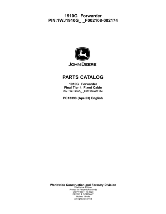 John Deere 1910G Forwarders (SN F002108-002174) Parts Catalog Manual – PC13398 Workshop Guide