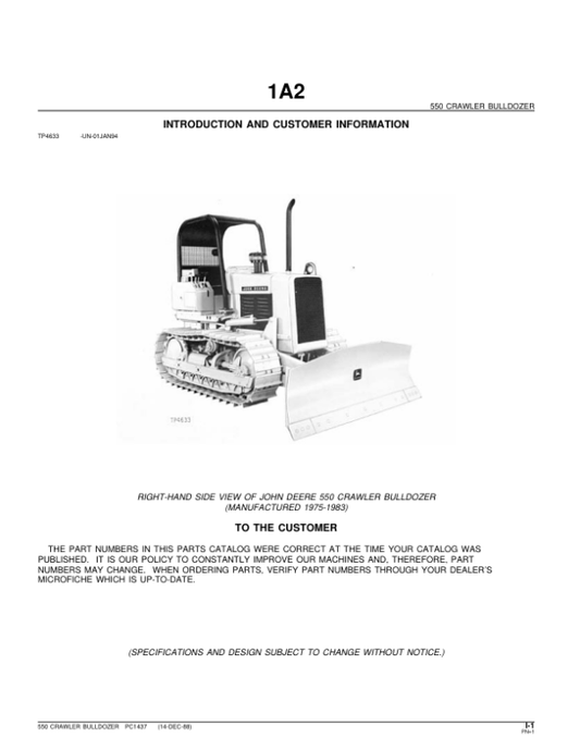 John Deere 550 Crawlers Parts Catalog Manual – PC1437 Workshop Guide