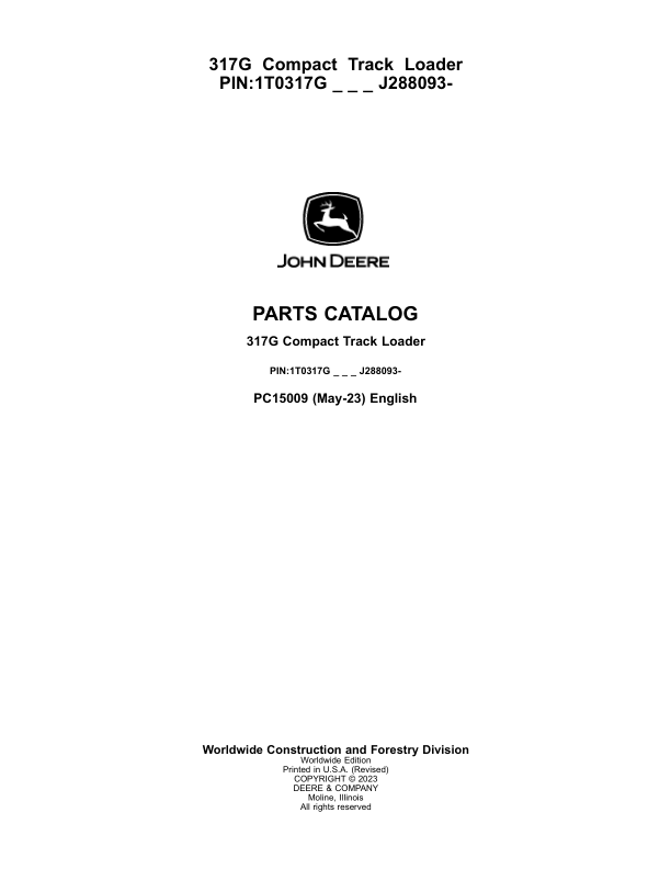 John Deere 317G Skid Steers (SN 1T0317G _  J288093-) Parts Catalog Manual – PC15009 Workshop Guide