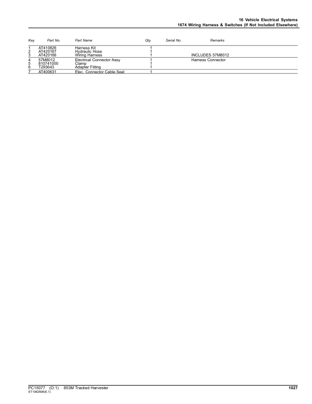 John Deere 853MH Tracked Harvesters (SN F293764 – & L343926-) Parts Catalog Manual – PC15077 Workshop Guide