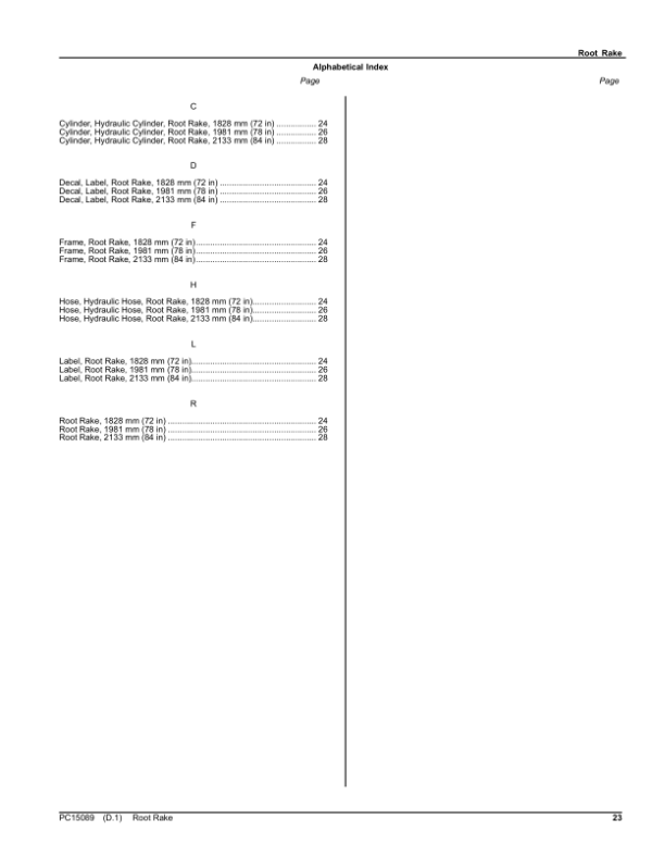 John Deere RR72, RR78, RR84 Attachments Parts Catalog Manual – PC15089 Workshop Guide
