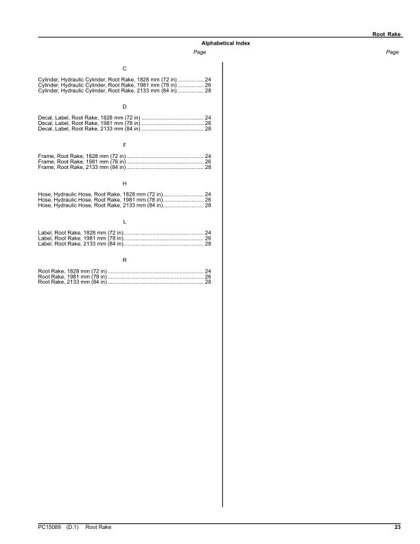 John Deere RR72, RR78, RR84 Attachments Parts Catalog Manual – PC15089 Workshop Guide