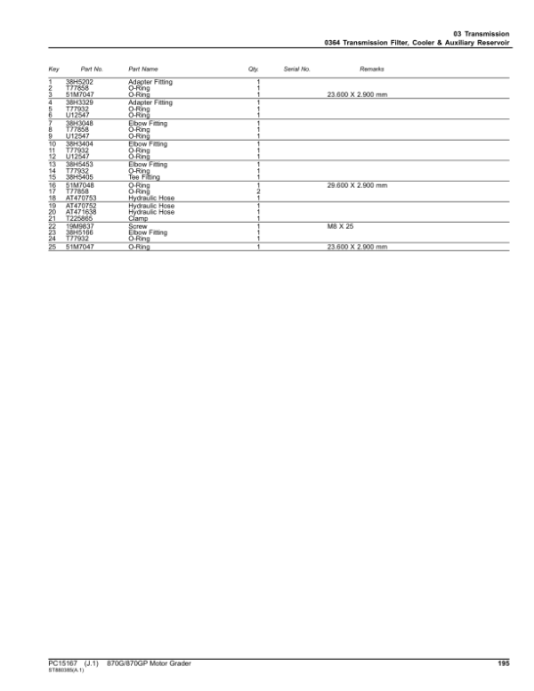 John Deere 870G, 870GP Motor Graders (SN F680878 – & L700954 -) Parts Catalog Manual – PC15167 Workshop Guide