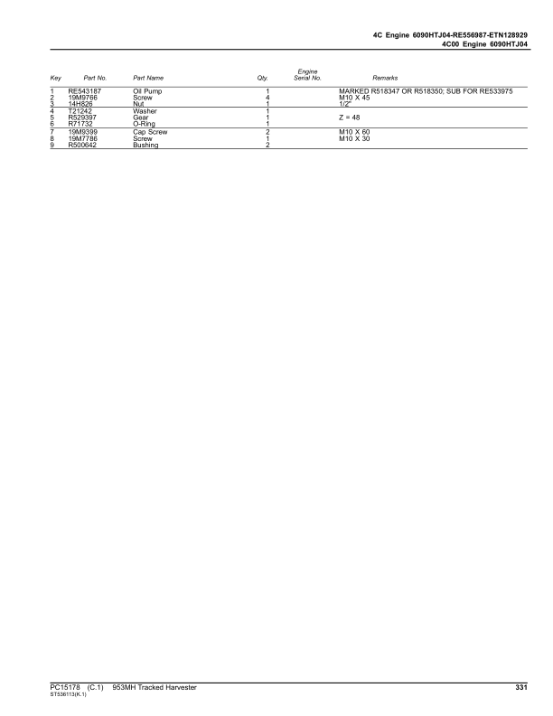 John Deere 953MH Tracked Harvesters (SN C317982 –  & D317982- ) Parts Catalog Manual – PC15178 Workshop Guide
