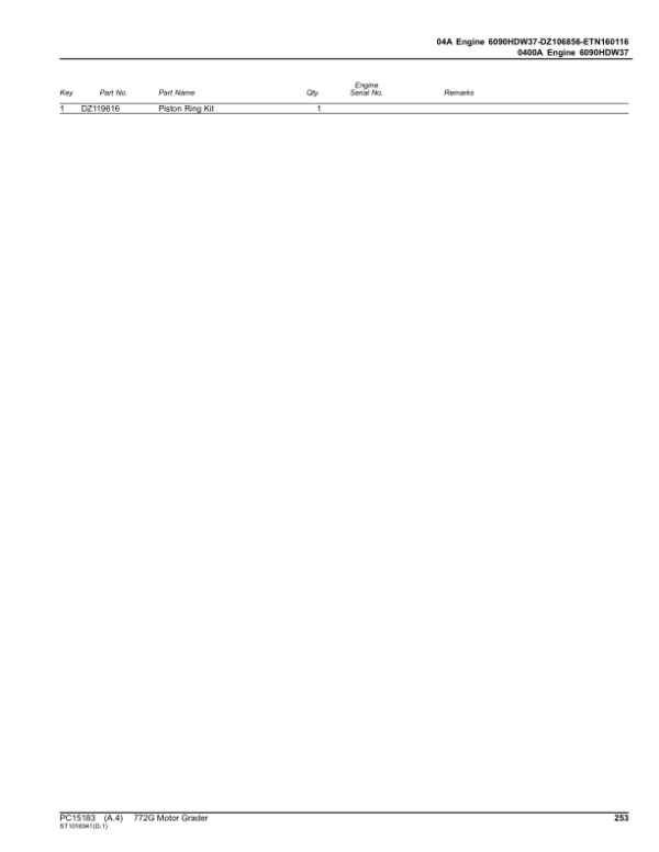 John Deere 772G Motor Graders (SN 1JZ772G_ C003003-) Parts Catalog Manual – PC15183 Workshop Guide