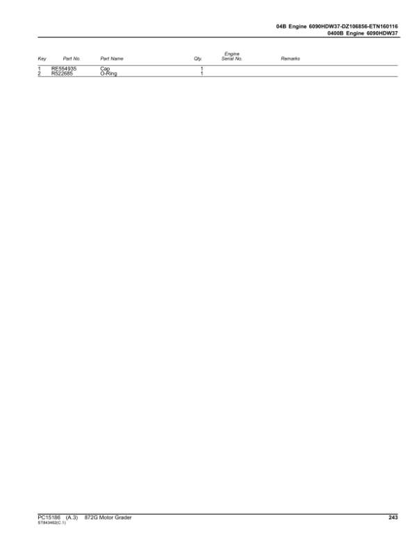 John Deere 872G Motor Graders (SN 1JZ872G_ C003007-) Parts Catalog Manual – PC15186 Workshop Guide