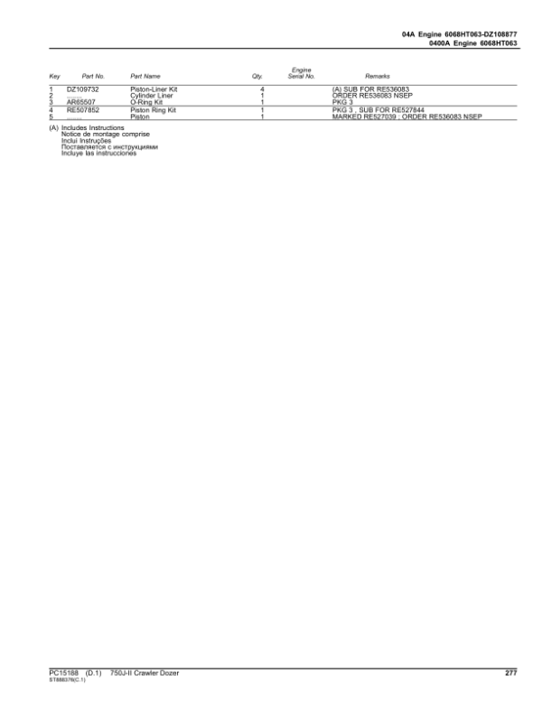 John Deere 750J-II Crawler Dozers (SN 1BZ750JA__DXXXXXX-) Parts Catalog Manual – PC15188 Workshop Guide