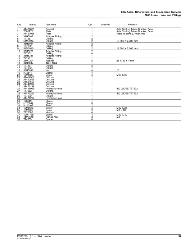 John Deere 844L Loaders (SN F697293- & L697293-) Parts Catalog Manual – PC15273 Workshop Guide