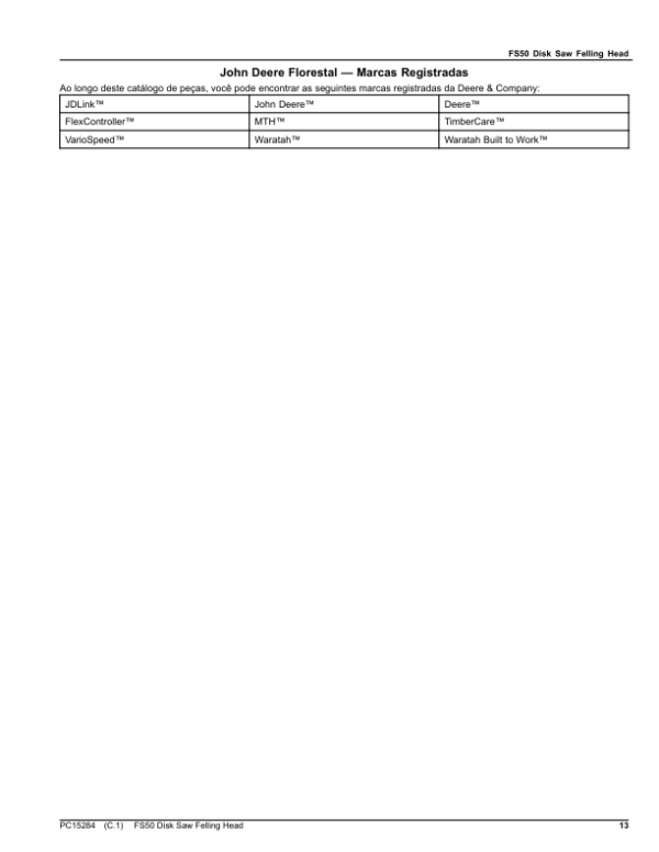 John Deere FS50 Dtt Disc Saw Felling Heads Parts Catalog Manual – PC15284 Workshop Guide