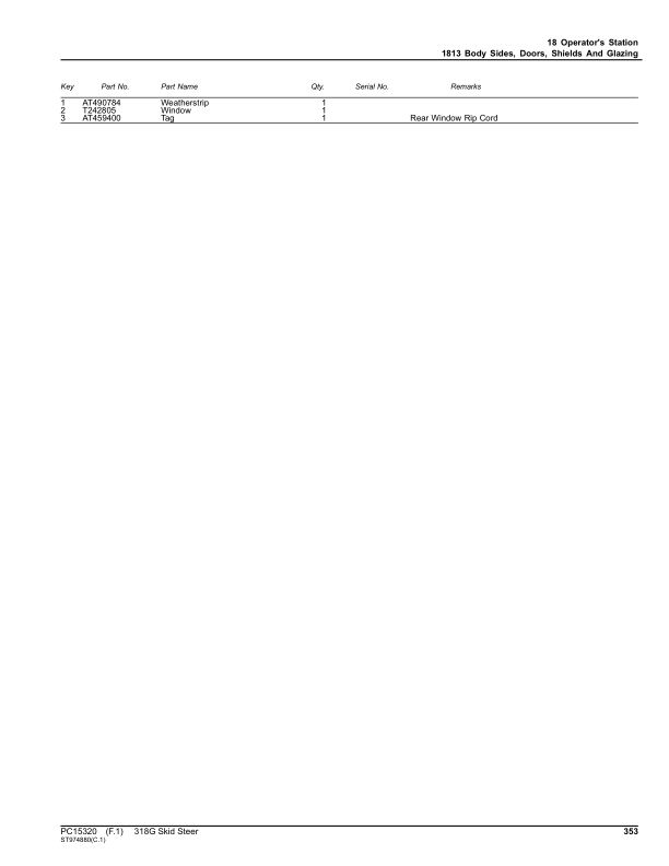 John Deere 318G Skid Steers (SN 1T0318G_ J366358) Parts Catalog Manual – PC15320 Workshop Guide