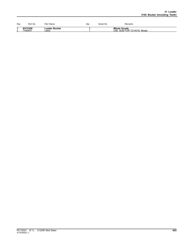 John Deere 312GR Skid Steers (SN 1T0312G_ G366358) Parts Catalog Manual – PC15321 Workshop Guide