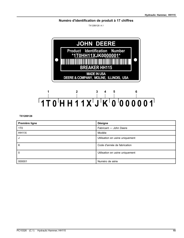 John Deere HH115 Hydraulic Hammer (SN 1T0HH11X__0000001-) Parts Catalog Manual – PC15326 Workshop Guide