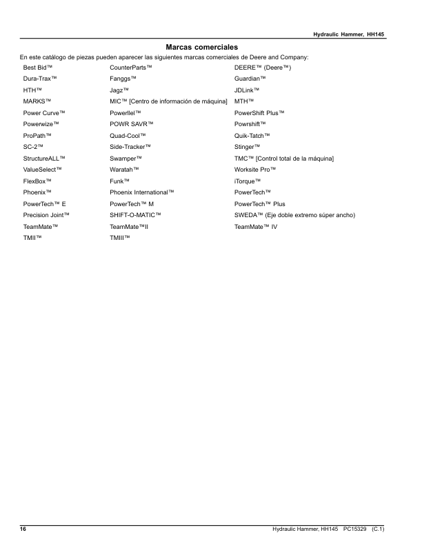 John Deere HH145 Hydraulic Hammer (SN 1T0HH14X__0000001-) Parts Catalog Manual – PC15329 Workshop Guide