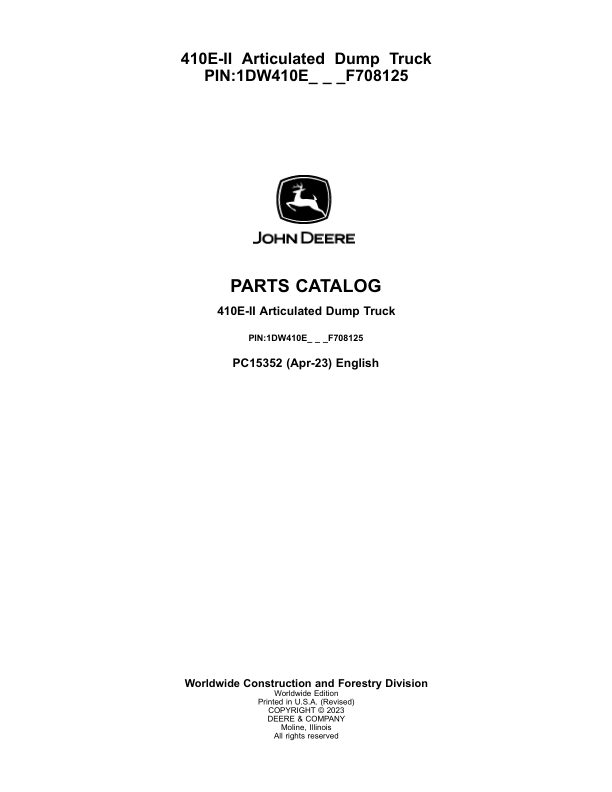 John Deere 410E Articulated Dump Trucks (SN 1DW410E_ F708125-) Parts Catalog Manual – PC15352 Workshop Guide