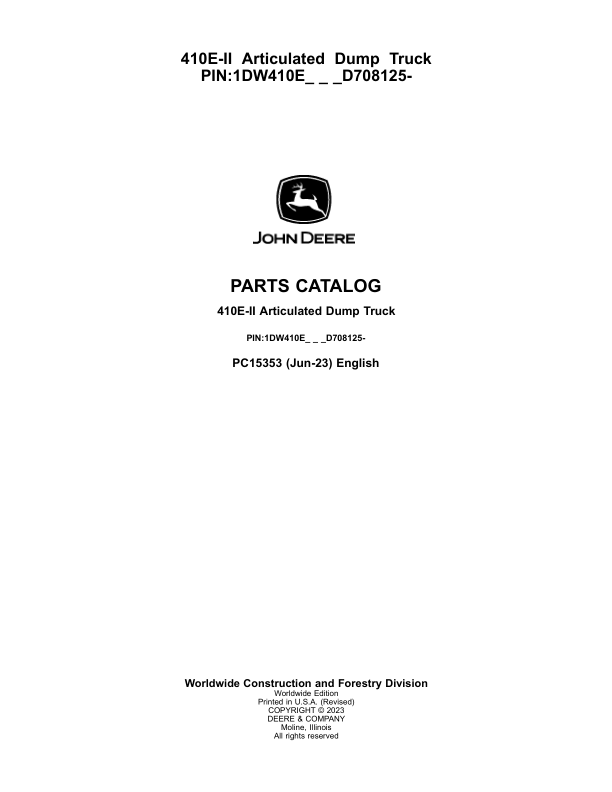 John Deere 410E-II Articulated Dump Trucks (SN 1DW410E_ D708125-) Parts Catalog Manual – PC15353 Workshop Guide