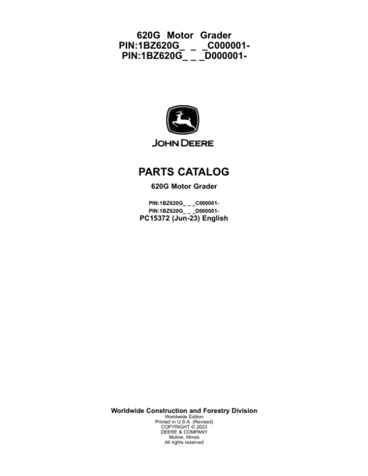 John Deere 620G Motor Graders Parts Catalog Manual – PC15372 Workshop Guide
