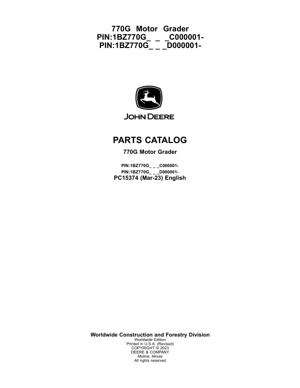 John Deere 770G Motor Graders Parts Catalog Manual – PC15374 Workshop Guide