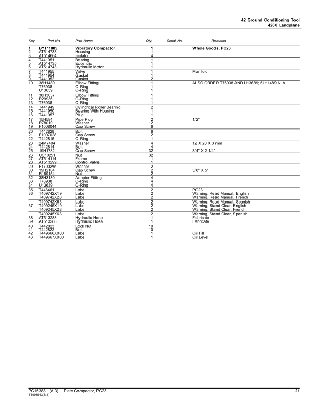 John Deere PC23 Plate Compactor (SN 1T0PC23X__0000001-) Parts Catalog Manual – PC15388 Workshop Guide
