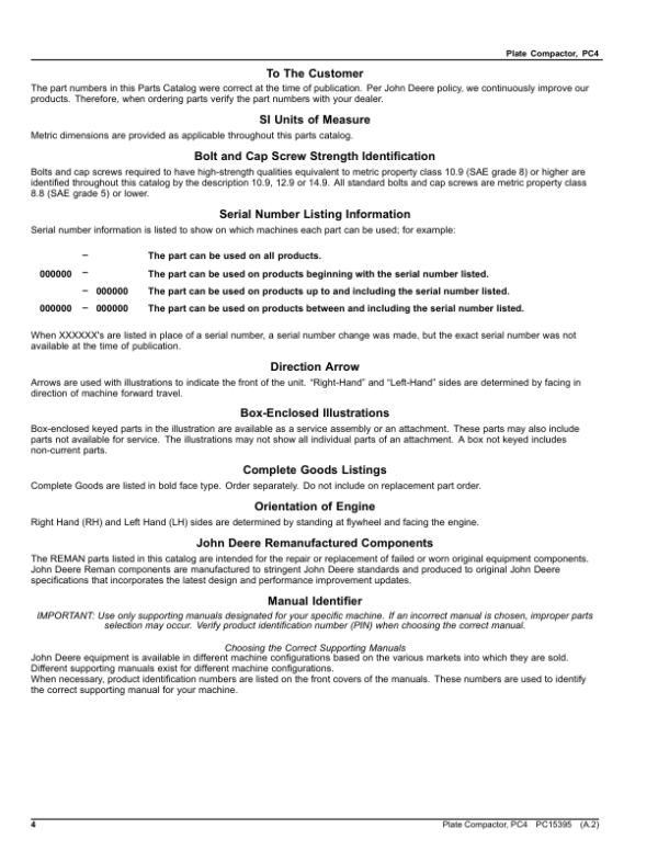 John Deere PC4 Plate Compactor (SN 1T0PC04X__0000001-) Parts Catalog Manual – PC15395 Workshop Guide