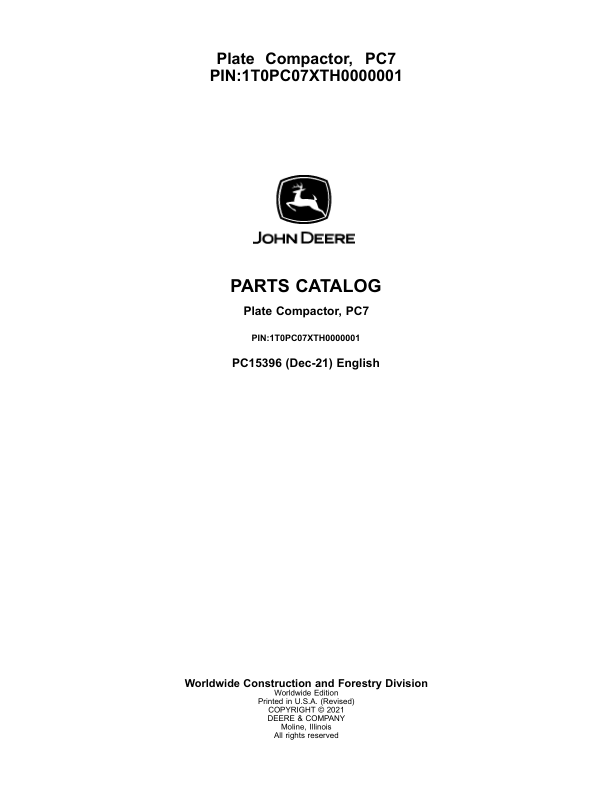 John Deere PC7 Plate Compactor (SN 1T0PC07X__0000001-) Parts Catalog Manual – PC15396 Workshop Guide
