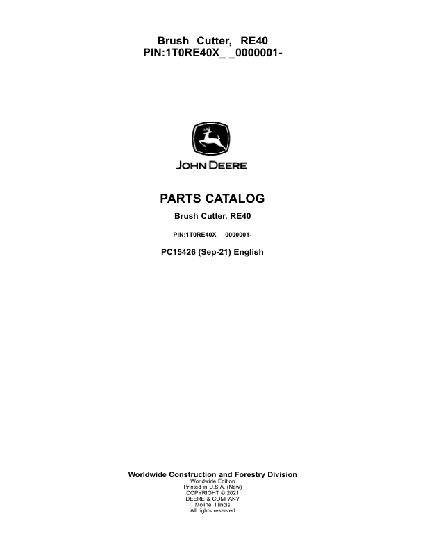 John Deere RE40 Attachments (SN 1T0RE40X_ _0000001-) Parts Catalog Manual – PC15426 Workshop Guide