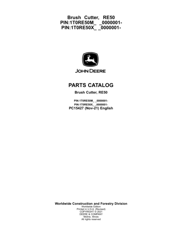 John Deere RE50 Brush Cutter (SN 0000001- & 0000001-) Parts Catalog Manual – PC15427 Workshop Guide