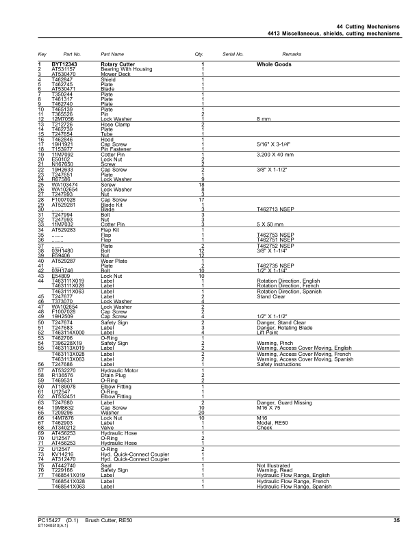 John Deere RE50 Brush Cutter (SN 0000001- & 0000001-) Parts Catalog Manual – PC15427 Workshop Guide