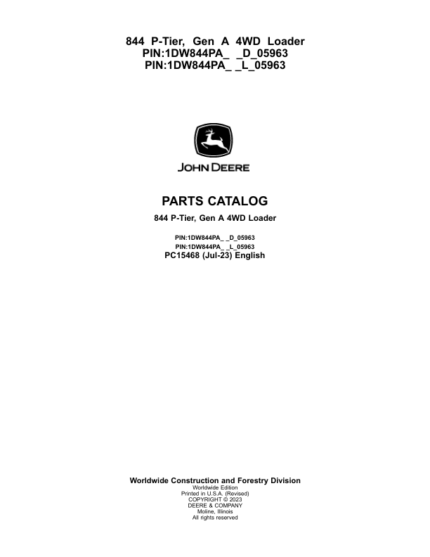 John Deere 844 P Loaders (SN D_05963- & L_05963-) Parts Catalog Manual – PC15468 Workshop Guide
