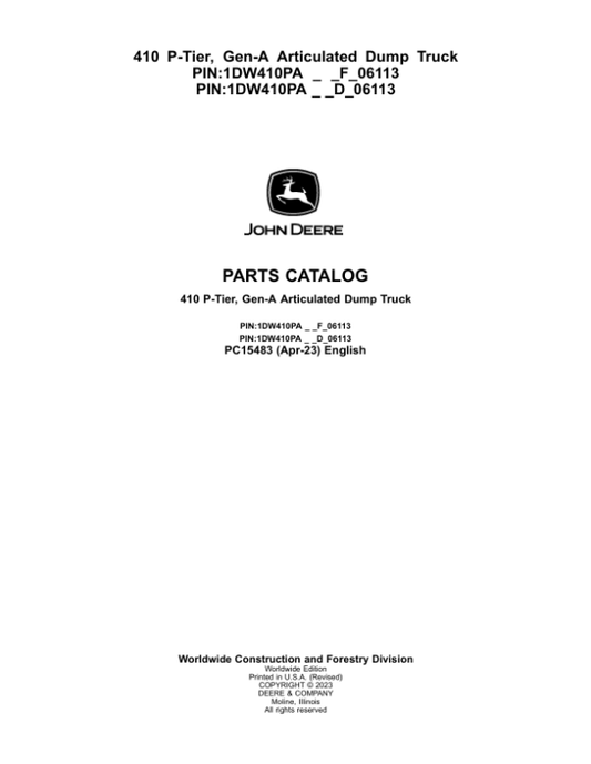 John Deere 410 P Articulated Dump Trucks (SN F_00001- & D_00001-) Parts Catalog Manual – PC15483 Workshop Guide