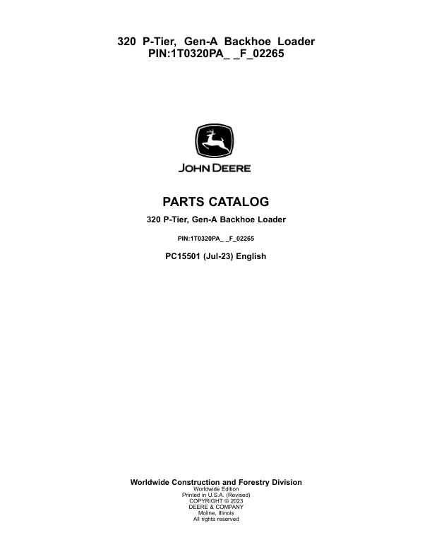 John Deere 320 P Backhoe Loaders (SN F_02265-) Parts Catalog Manual – PC15501 Workshop Guide