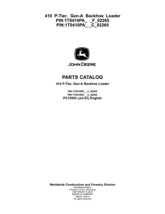 John Deere 410 P Backhoe Loaders (SN F_02265- & C_02265-) Parts Catalog Manual – PC15502 Workshop Guide