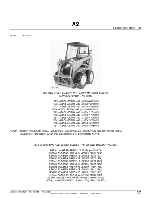 John Deere 125 Skid Steers Parts Catalog Manual – PC1588 Workshop Guide