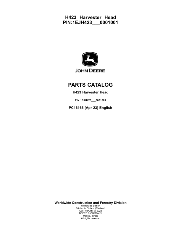 John Deere H423 Harvesting Heads (SN 1EJH423_0001001) Parts Catalog Manual – PC16166 Workshop Guide