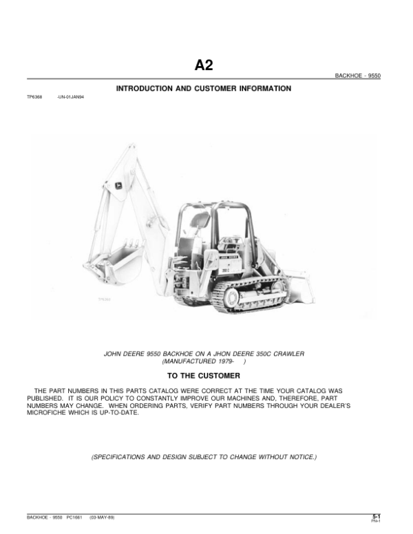 John Deere 9550 Attachments (SN 9550 BACKHOE ON A JD 350C TRACTOR (YR 1979-) Parts Catalog Manual – PC1661 Workshop Guide