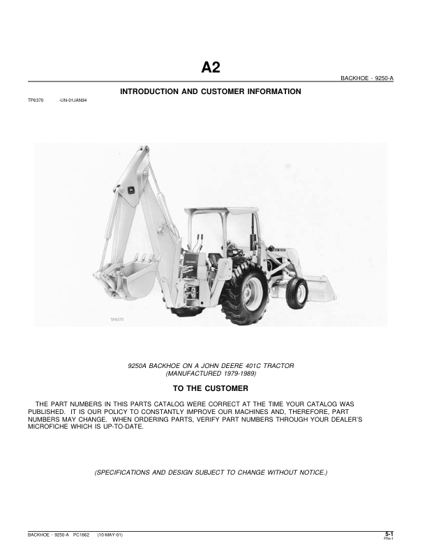 John Deere 9250A Attachments (SN 9250A BACKHOE ON A JD 401C TRACTOR (YR 1979-1989) Parts Catalog Manual – PC1662 Workshop Guide