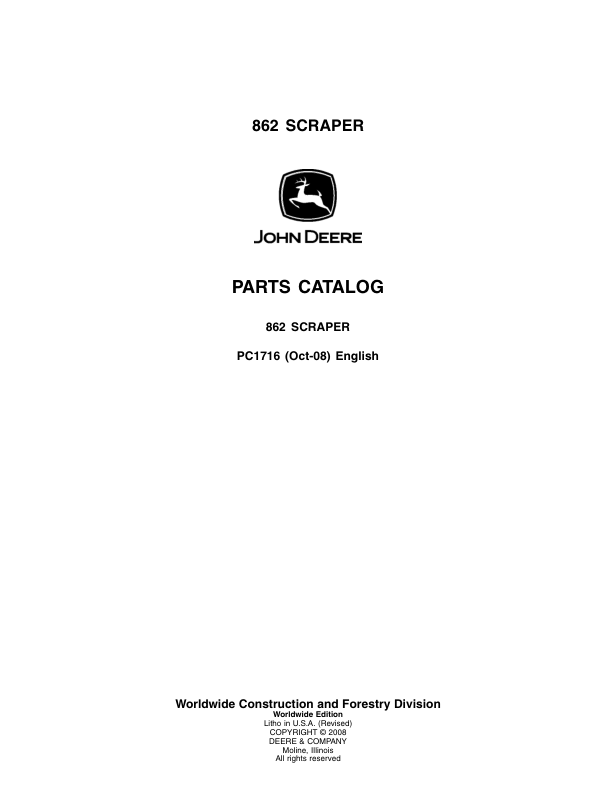 John Deere 862 Scrapers Parts Catalog Manual – PC1716 Workshop Guide