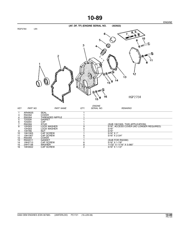 John Deere 6466, 6466A, 6466D, 6466T Engines (SN after 067685 –) Parts Catalog Manual – PC1721 Workshop Guide