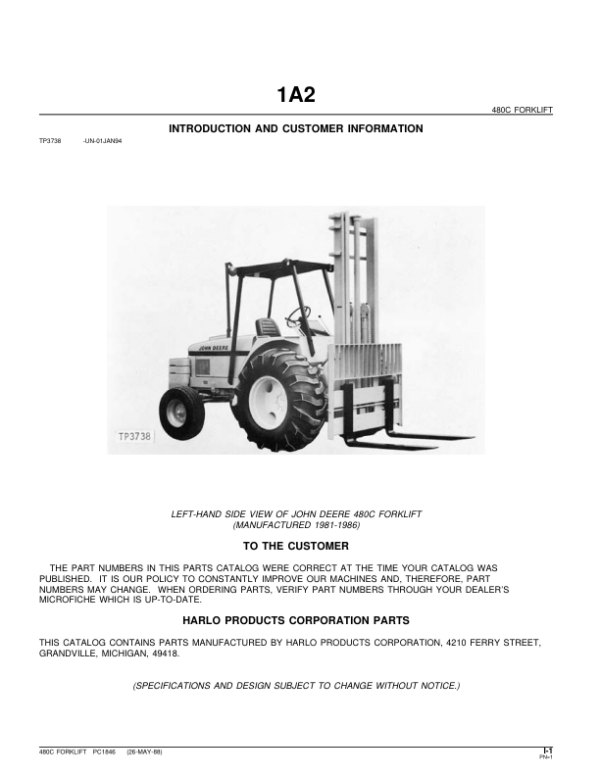 John Deere 480C Forklifts Parts Catalog Manual – PC1846 Workshop Guide