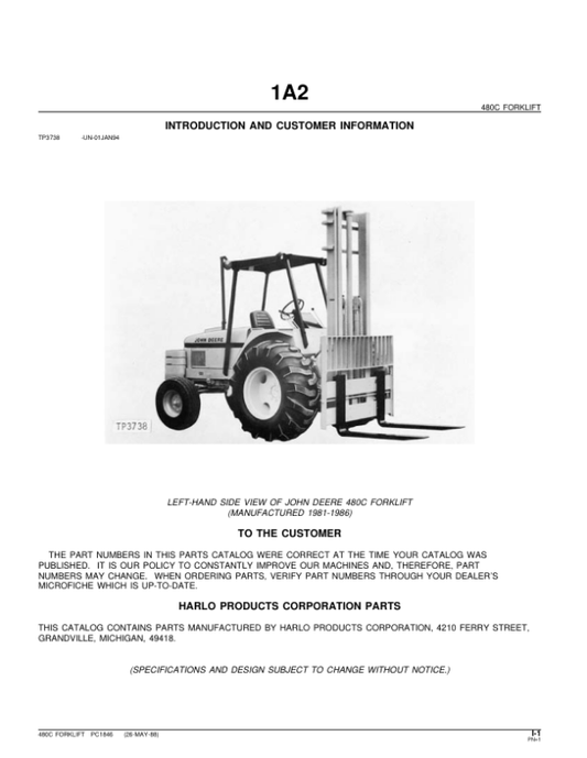 John Deere 480C Forklifts Parts Catalog Manual – PC1846 Workshop Guide