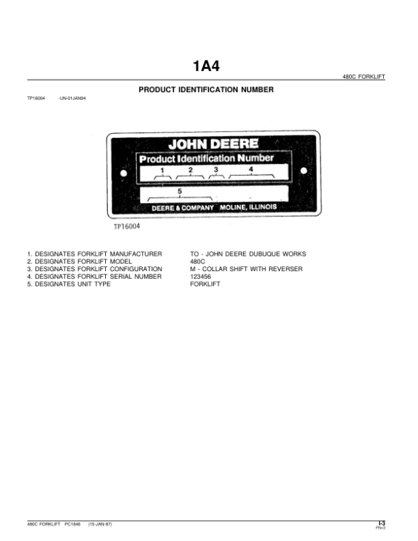 John Deere 480C Forklifts Parts Catalog Manual – PC1846 Workshop Guide