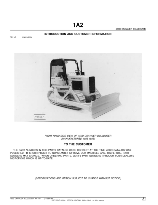 John Deere 450D Crawlers Parts Catalog Manual – PC1891 Workshop Guide