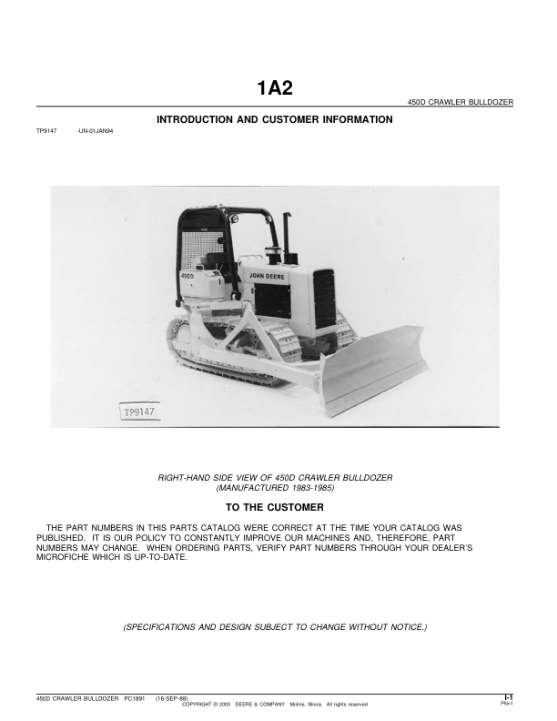 John Deere 450D Crawlers Parts Catalog Manual – PC1891 Workshop Guide