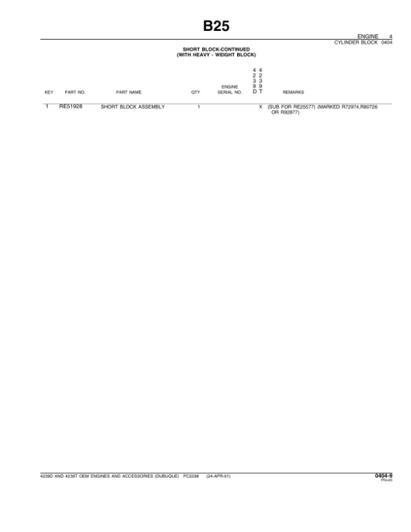 John Deere 4239D, 4239T Engines Parts Catalog Manual – PC2298 Workshop Guide