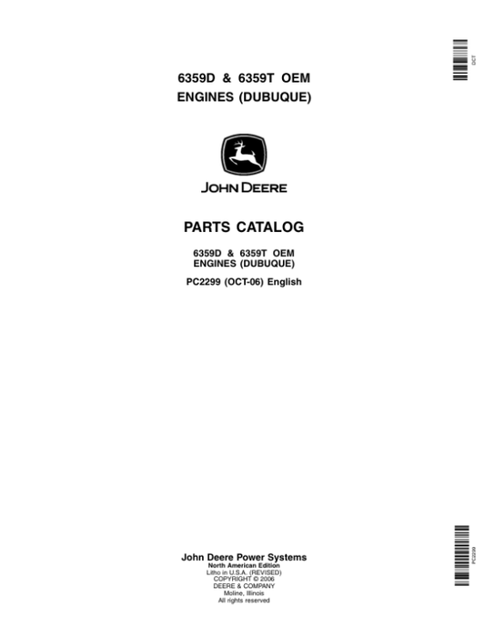 John Deere 6359, 6359D, 6359T Engines Parts Catalog Manual – PC2299 Workshop Guide