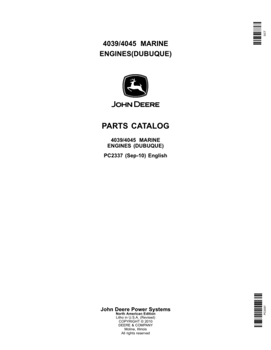John Deere 3.9L, 4039, 4.5L, 4045 Marine Engines – Dubuque Parts Catalog Manual – PC2337 Workshop Guide
