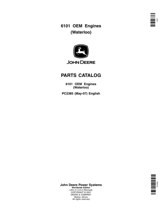 John Deere 6101, 6101AF010, 6101HF010 Engines Parts Catalog Manual – PC2385 Workshop Guide