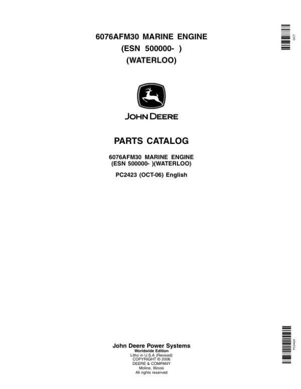 John Deere 6076AFM30 Marine Engines (SN S.N. after 500000-) Parts Catalog Manual – PC2423 Workshop Guide