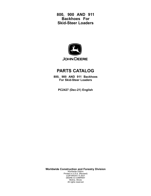 John Deere 800, PRO900, PRO911 Backhoes Attachments (SN 010001 – 025000) Parts Catalog Manual – PC2427 Workshop Guide