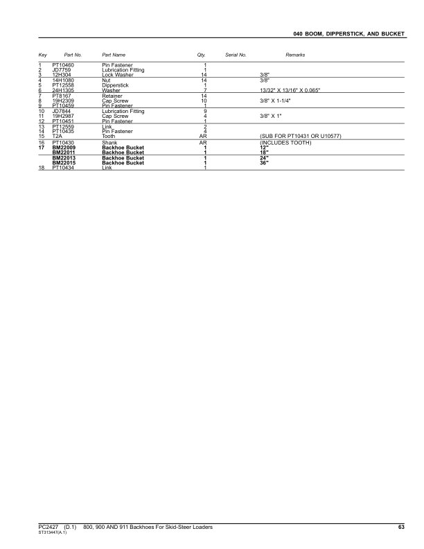 John Deere 800, PRO900, PRO911 Backhoes Attachments (SN 010001 – 025000) Parts Catalog Manual – PC2427 Workshop Guide
